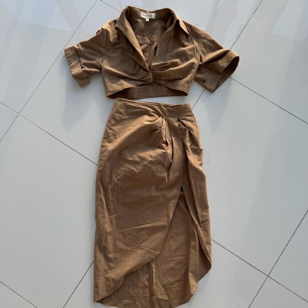 Ronny Kobo Collection Brown Two-Piece Crop Top and Wrap Skirt Set